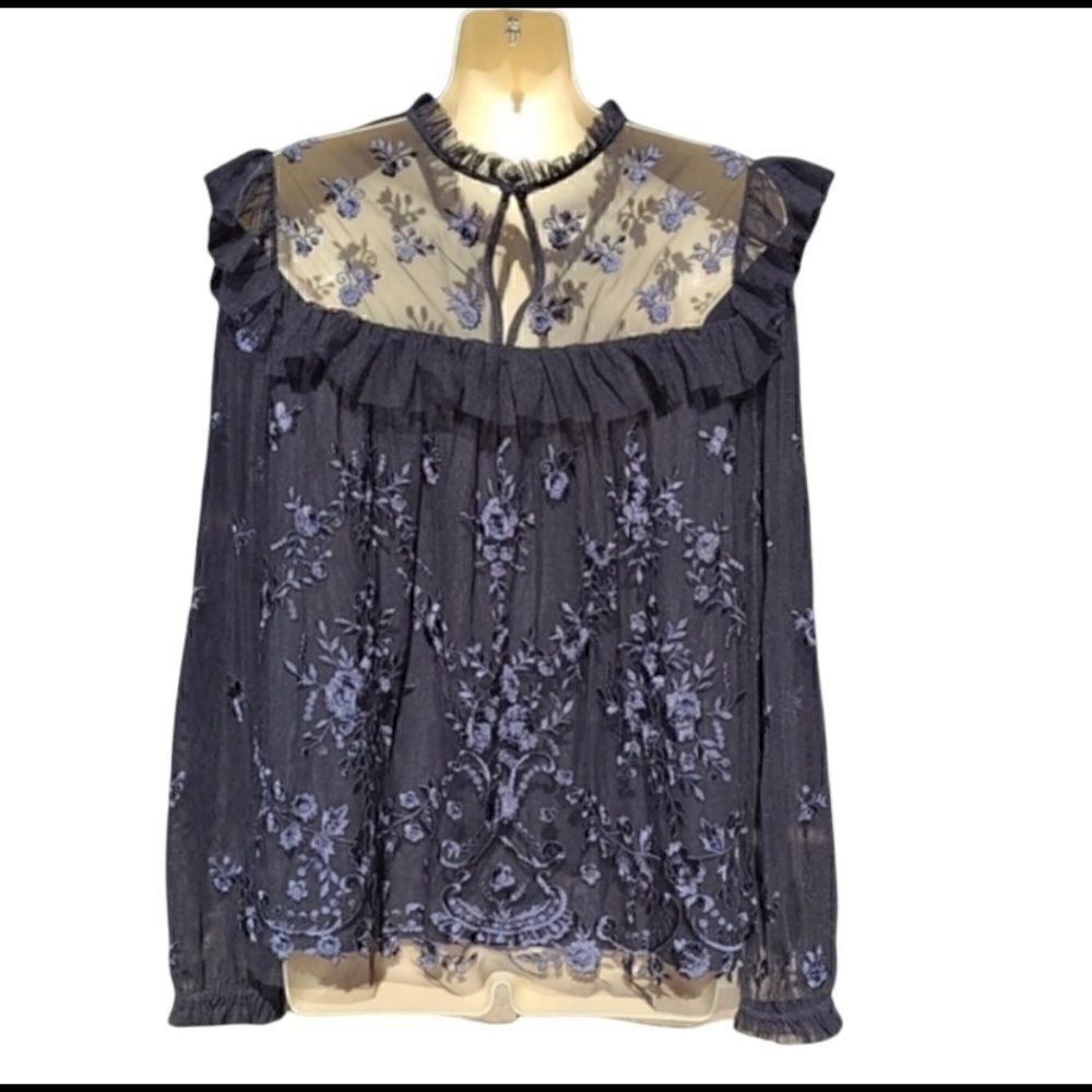 Illusion Washed Black Floral Embroidered Tulle Ruffle Longsleeve Blouse Top 6 S - Picture 3 of 10